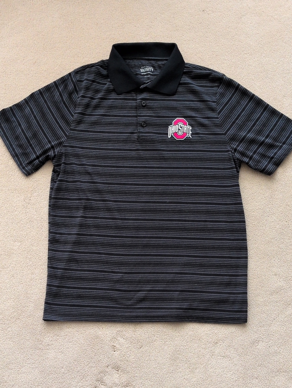 Men's Varsity Black & Gray Striped Polo with Red Ohio State Patch